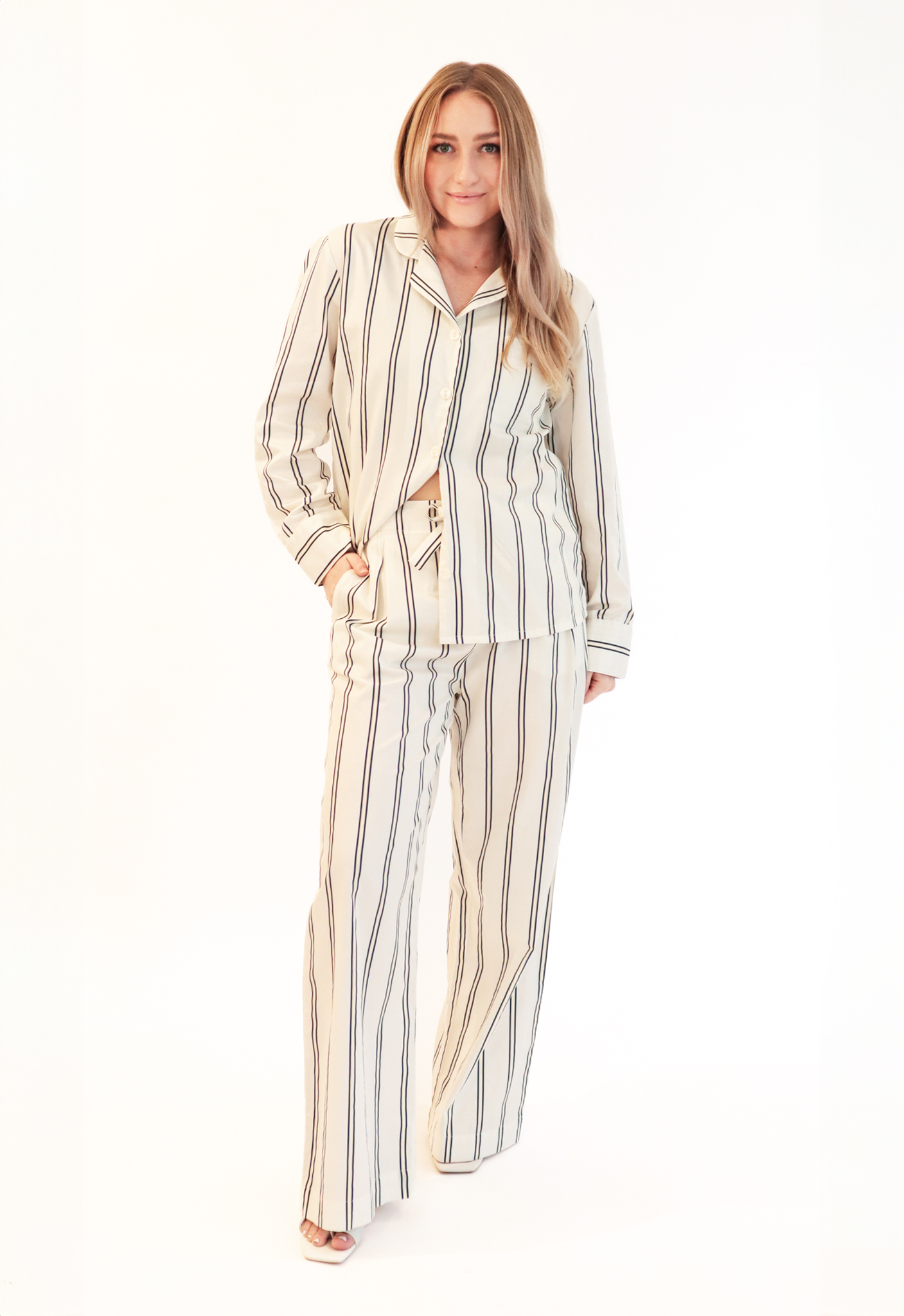 Saint Liberté brand long white double pinstriped pyjamas with mother of pearl buttons
